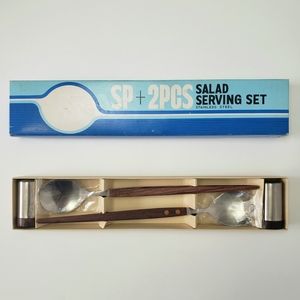 Vintage MCM Salad Serving Set S&P Shakers Rosewood Stainless Steel Dining Japan